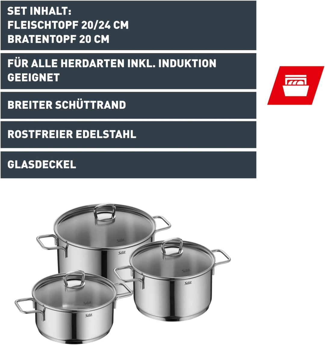 Silit Alicante Topfset Induktion 3-teilig, Kochtopf Set mit Glasdeckel, Edelstahl poliert, Induktion