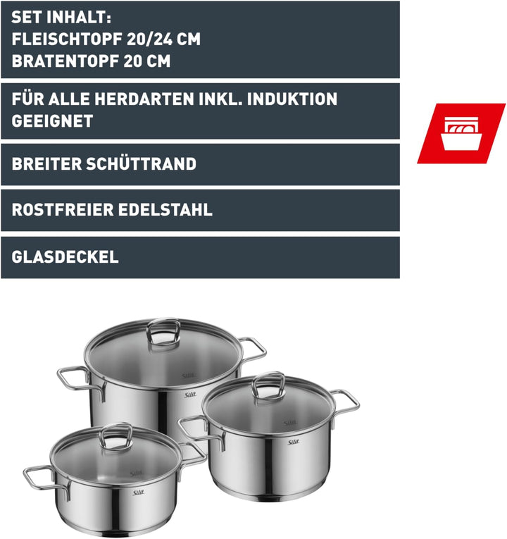 Silit Alicante Topfset Induktion 3-teilig, Kochtopf Set mit Glasdeckel, Edelstahl poliert, Induktion