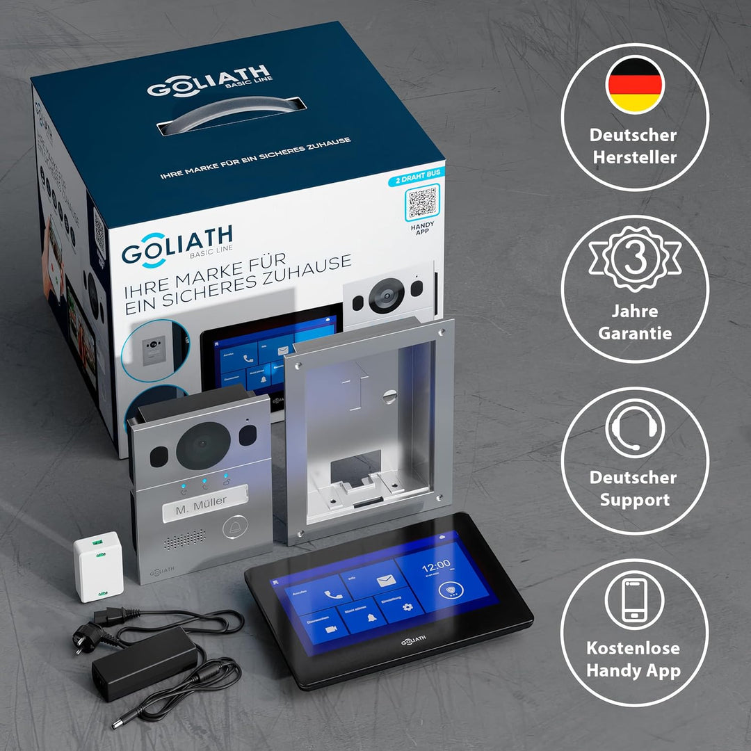 GOLIATH Basic Video Türsprechanlage, 2 Draht Bus, 7" Monitor, Unterputz Türklingel mit Kamera, Gegen