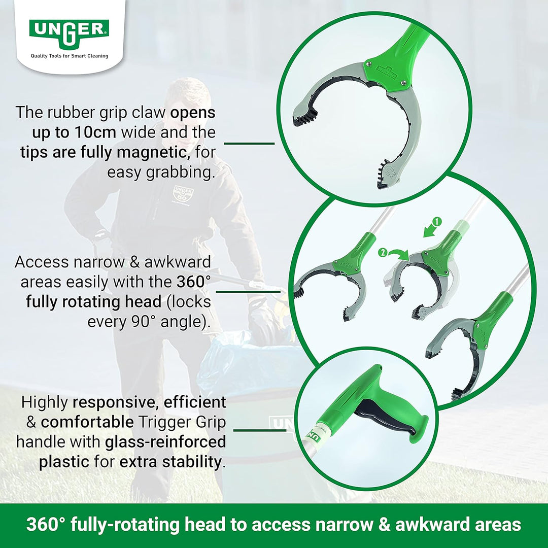 UNGER NiftyNabber Trigger Allzweckgreifer (93 cm lang, Müllzange, mit Magnetspitze, Greifkopf 360° d