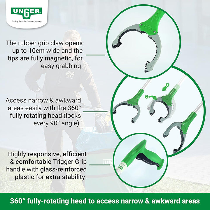 UNGER NiftyNabber Trigger Allzweckgreifer (93 cm lang, Müllzange, mit Magnetspitze, Greifkopf 360° d
