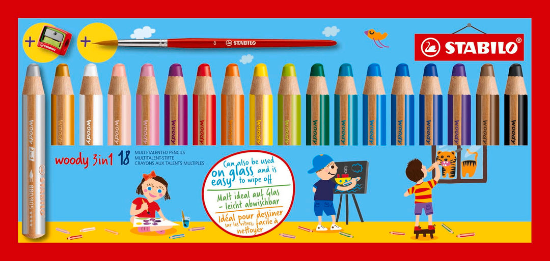 STABILO Buntstift, Wasserfarbe & Wachsmalkreide woody 3 in 1-18er Pack mit Spitzer und Pinsel - mit