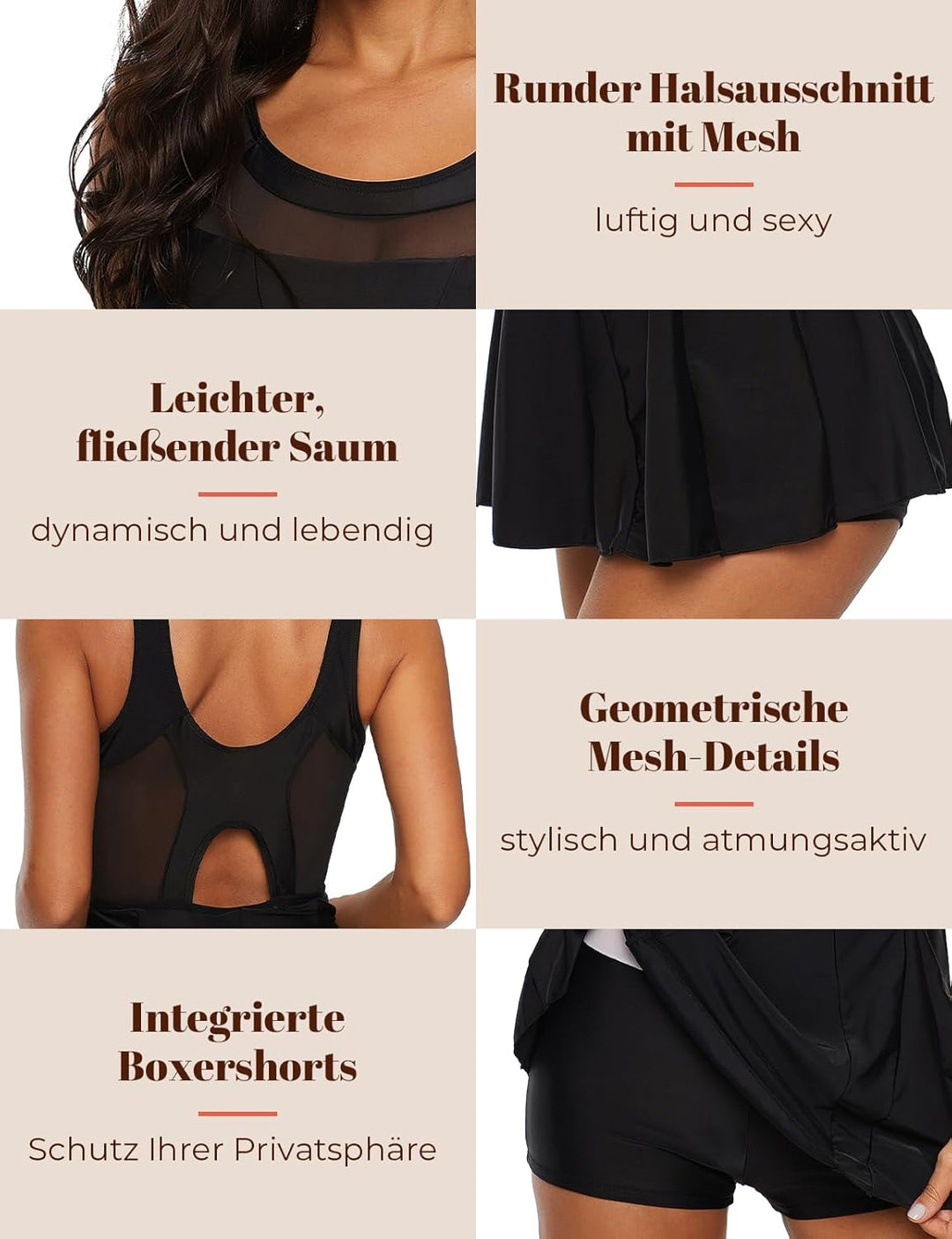 Durio Badekleid Damen Badeanzug Bauchweg Push Up Einteilig Netzstoff Rückenfrei Elegant Bademode mit