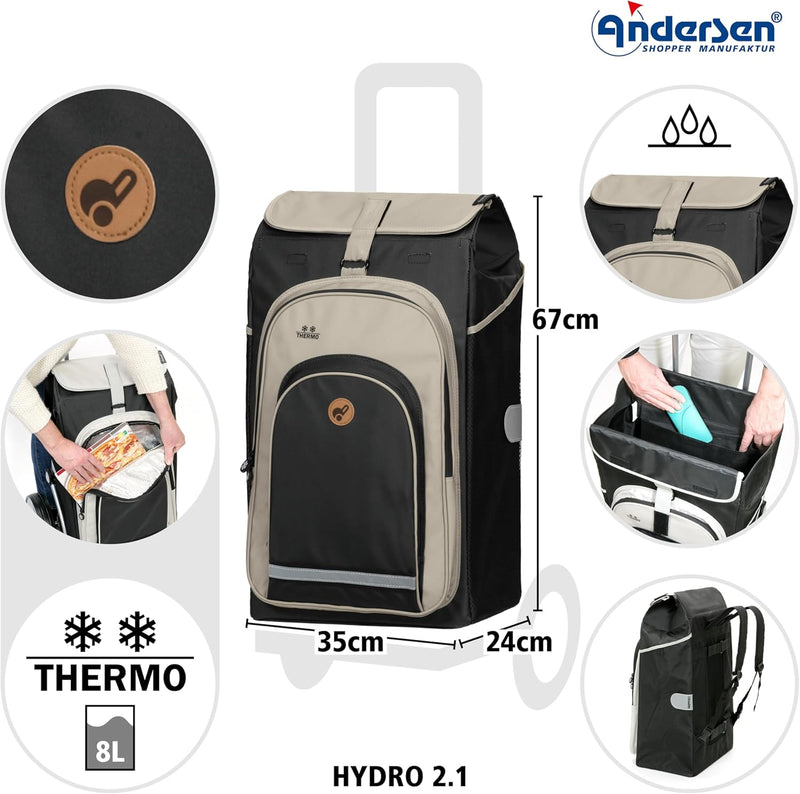 Andersen Shopper Tura Alu klappbar mit Kugellagerrad Ø 29cm und 62 Liter Tasche Hydro 2.0 mit Kühlfa