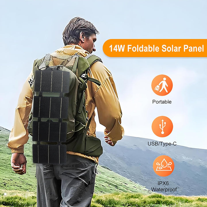 14W Faltbares Solarpanel, IPX6 Wasserfest ETFE, USB-A/Type-C 22% Effizienz, Kompatibel mit Telefon/S