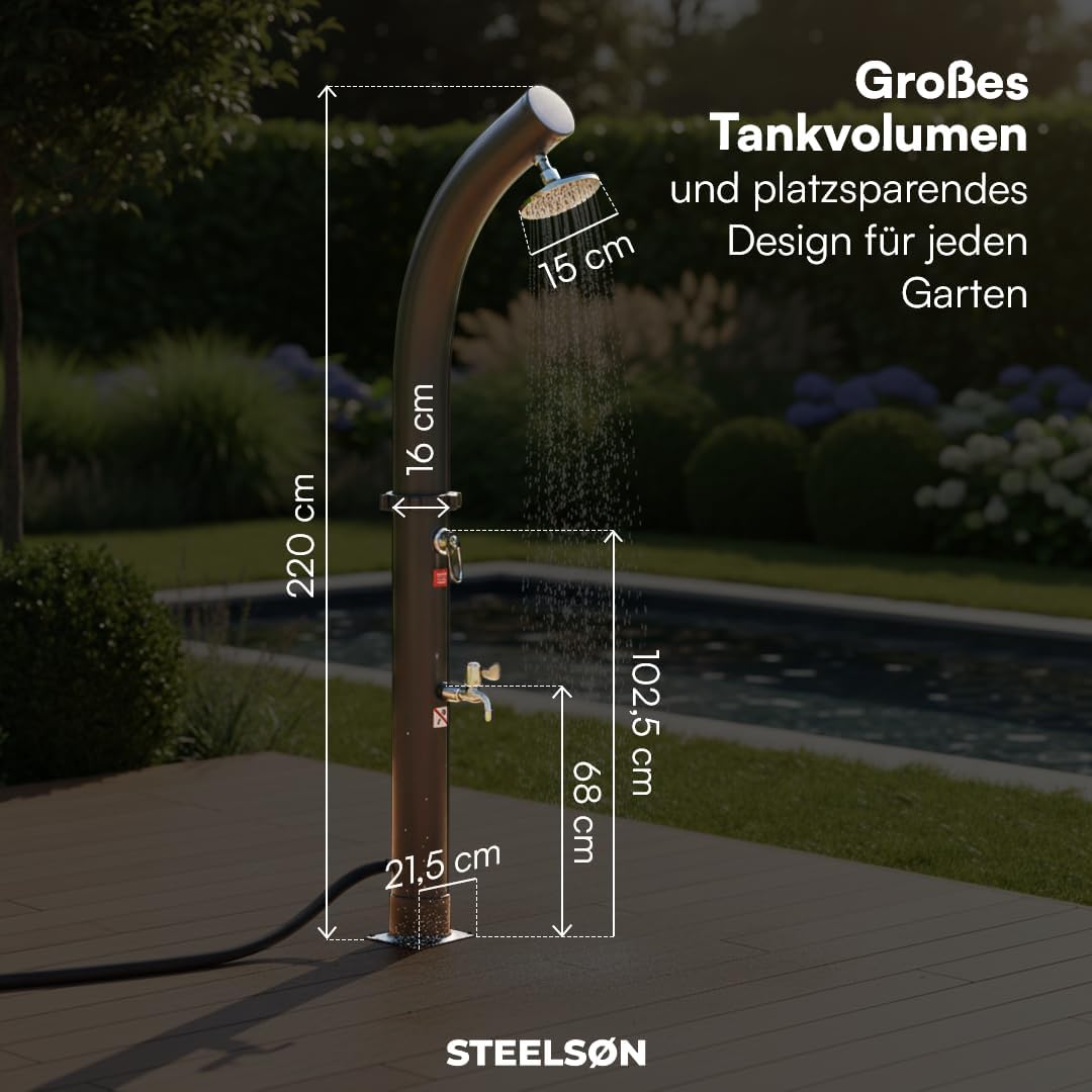 STEELSØN Selara Solardusche 40 L ohne Bodenplatte – Gartendusche bis 60° C – Pooldusche gebogen Camp