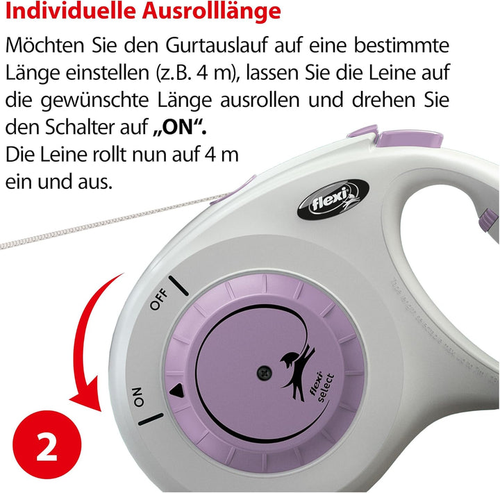 flexi® Select Gurt 7 m hellgrau-lila, zwischen 0-7 m einstellbare Roll-Leine für Hunde bis 25 kg hel