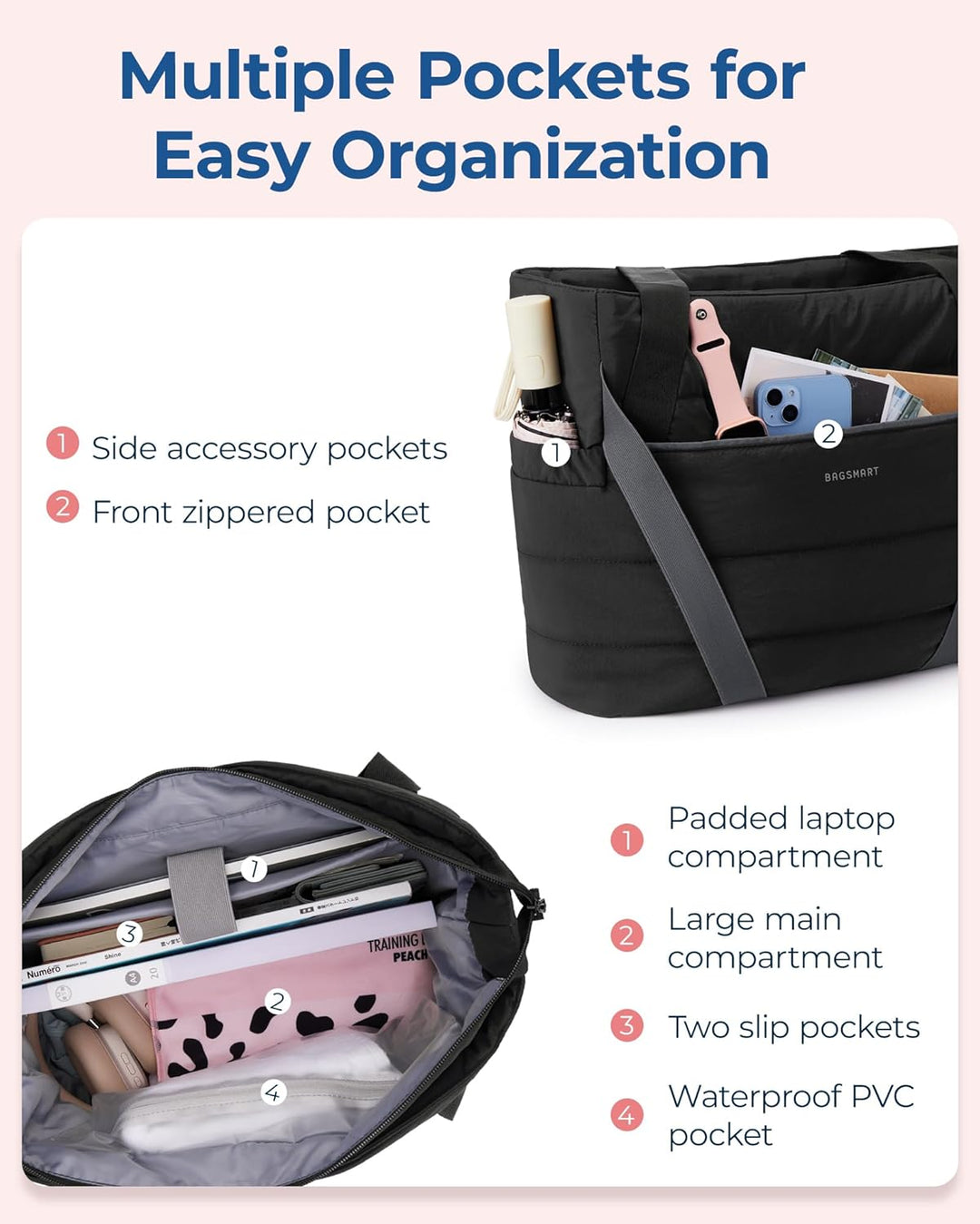 bagsmart Sporttasche Damen Yogatasche, Gesteppte Handtasche Damen Tote Bag mit Yogamattengurt, Reiss