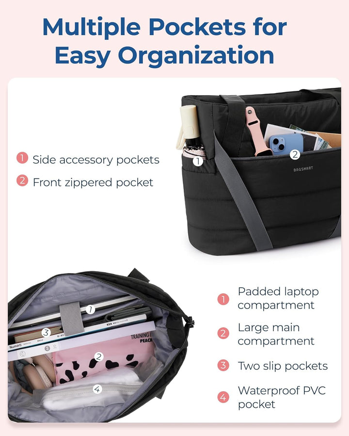 bagsmart Sporttasche Damen Yogatasche, Gesteppte Handtasche Damen Tote Bag mit Yogamattengurt, Reiss