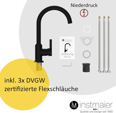 instmaier K3 Niederdruck Küchenarmatur | Wasserhahn Küche Schwarz matt | Spültischarmatur mit hohem