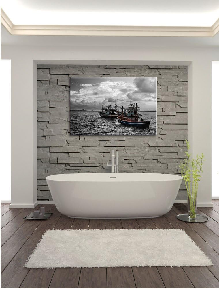 Pixxprint thailändische Fischerboote im Meer B&W Detail, Format: 100x70 auf Leinwand, XXL riesige Bi