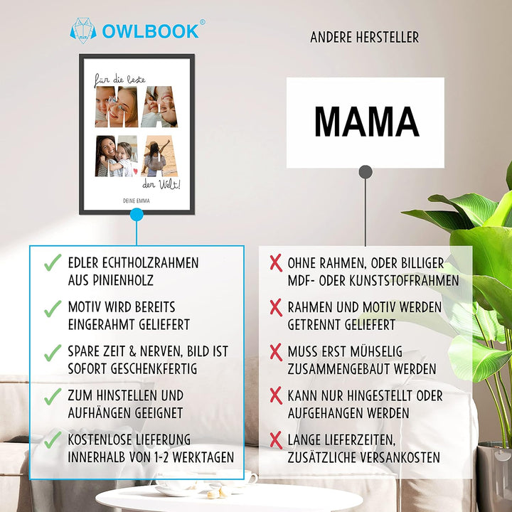 OWLBOOK® Bild mit 4 Fotos & Spruch selbst gestalten | Foto Collage mit eigenem Bild & Text | Geschen
