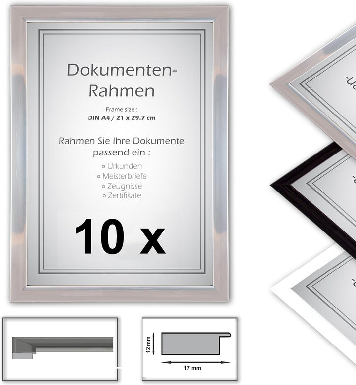 10 x Urkundenrahmen, DIN A4, 21x29,7 Fotorahmen, Bilderrahmen A4,Silber 10 X Silber, 10 X Silber