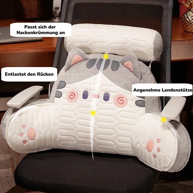 Lesekissen mit Armlehnen und Nackenrolle, Niedliches Katzen Bettsitzkissen für Bett und Sofa, Ergono