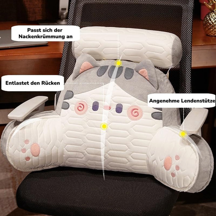 Lesekissen mit Armlehnen und Nackenrolle, Niedliches Katzen Bettsitzkissen für Bett und Sofa, Ergono