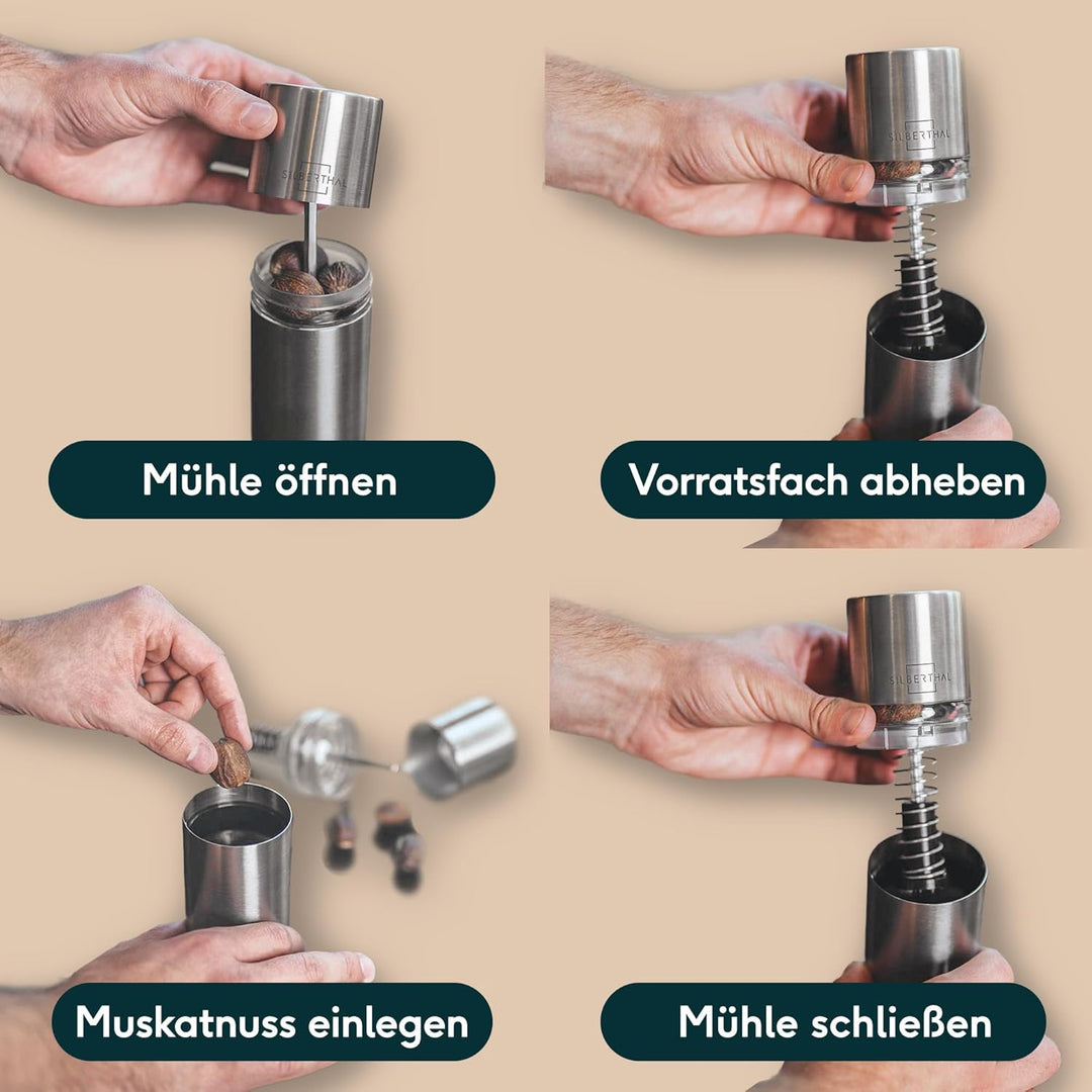 SILBERTHAL Muskatnuss Mühle für fein gemahlene Muskatnuss - Muskatreibe mit Aufbewahrung aus Edelsta