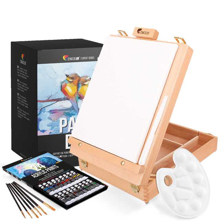Acrylfarbe Set für Künstler - mit Malkoffer für Erwachsene aus Holz, Staffelei 18 Tuben Acrylfarben,