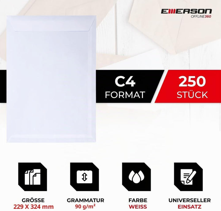 Emerson 250x Versandtasche Weiss DIN C4 229 x 324 mm 90g grosser Briefumschlag a4 ohne Fenster haftk