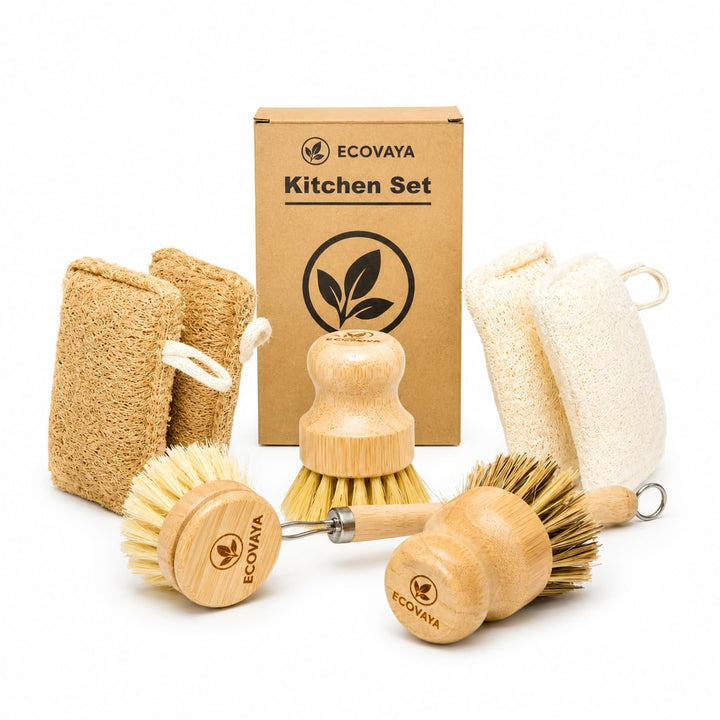 Spülset aus Bambus & Luffa – 100% plastikfrei – 4 Luffa Pads & 3 Küchenbürsten mit Sisal- & Kokosbor
