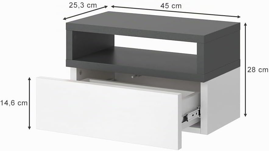 Vicco Nachttisch Urbano, Anthrazit/Weiss, 45 x 28 cm Anthrazit Einzel, Anthrazit Einzel