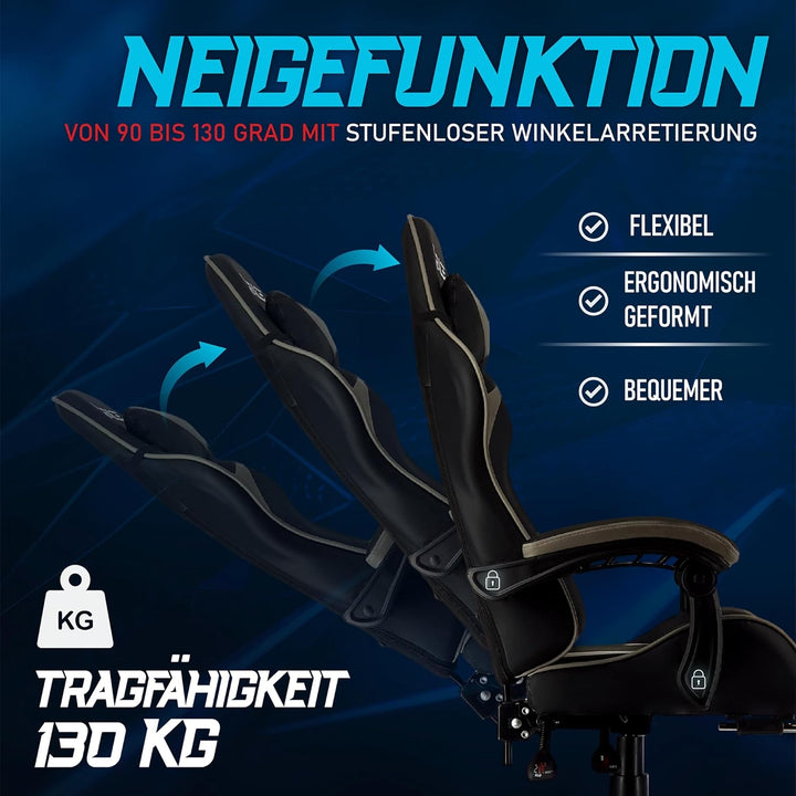 xRace Gaming-Stuhl Hoher Drehstuhl aus Leder mit Lendenwirbelstütze, Kopfstütze und Fussstütze, vers