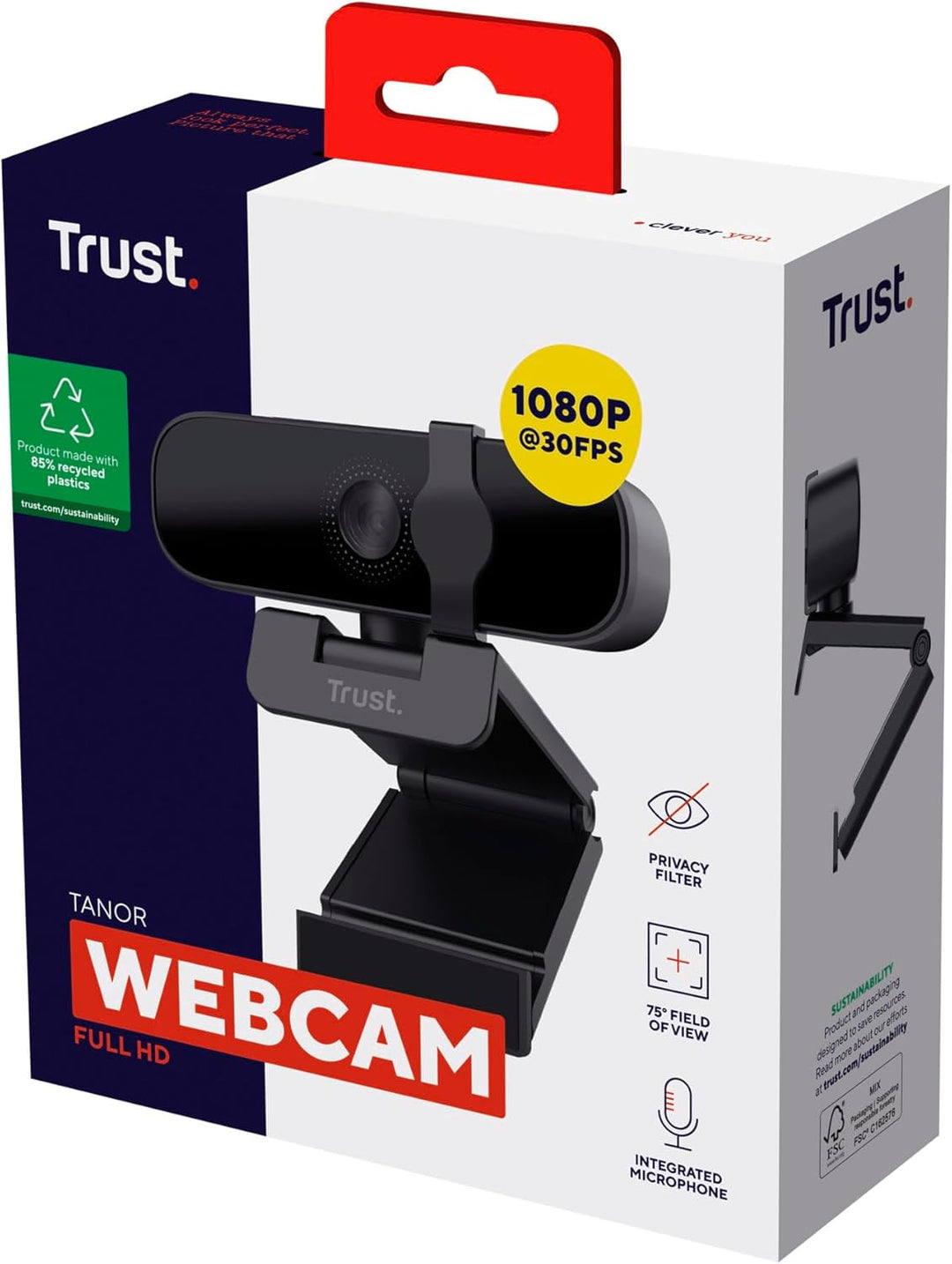 Trust Tanor 1080p Webcam PC, Full HD USB Web Cam mit Blickschutzfilter, PC Kamera mit Mikrofon, Fixf