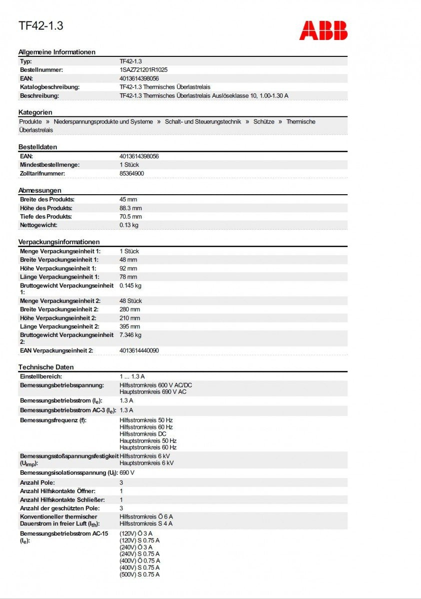 abb-entrelec TF42 – 1,3 – RELE TERMICO Überladung 6 GG