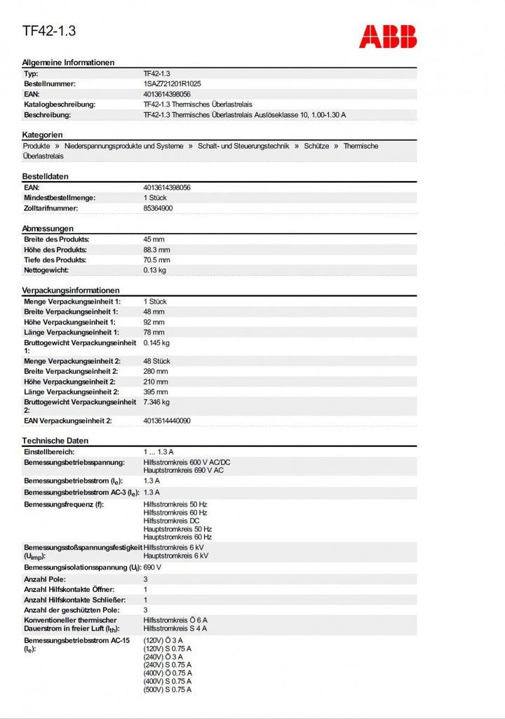abb-entrelec TF42 – 1,3 – RELE TERMICO Überladung 6 GG