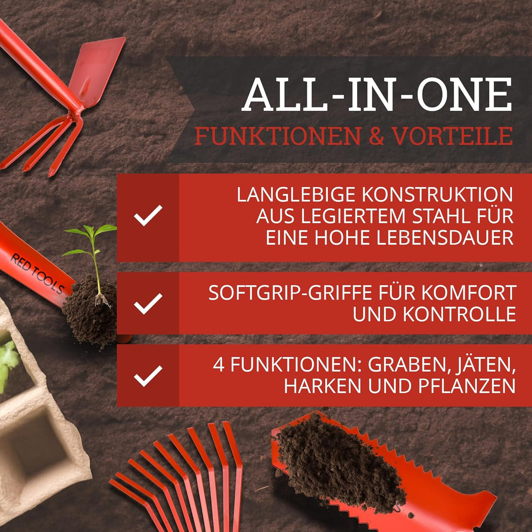 Profi Garten -Set 4 tlg. - Multifunktions- Gartenschaufel mit Wurzelsäge, Kombihacke, Pflanzkelle &