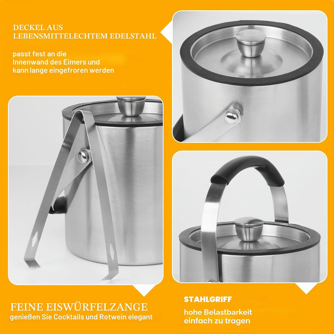 1.6 L Eisbehälter, Eisbehälter aus Edelstahl 1.6 L, Edelstahl-Eiskübel, doppelwandig, doppelwandiger