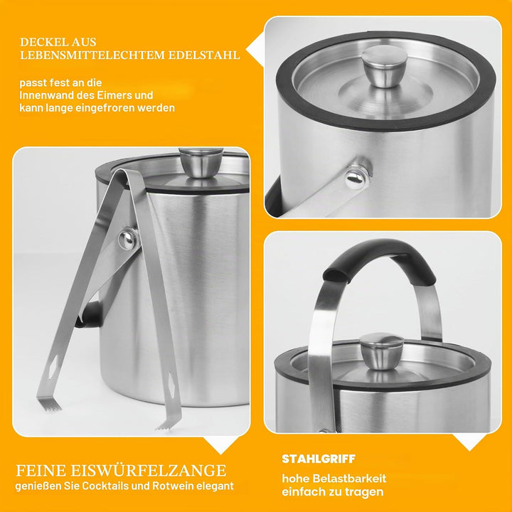 1.6 L Eisbehälter, Eisbehälter aus Edelstahl 1.6 L, Edelstahl-Eiskübel, doppelwandig, doppelwandiger