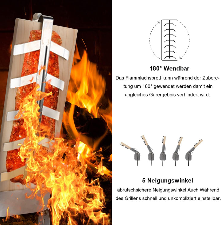 Fiqops 2er-Set Flammlachsbrett Räucherbrett, Lachs bis 2,5kg, 5 Stufen Einstellbar Lachsbretter, für