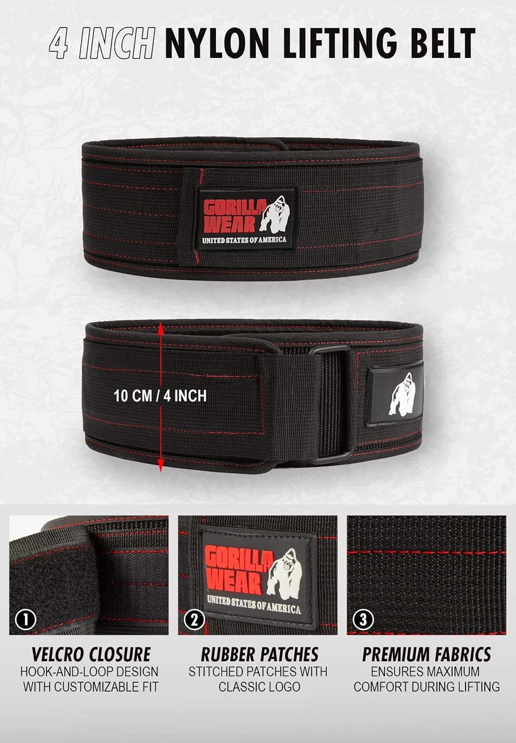 Gorilla Wear 4 Inch Nylon Belt - schwarz - Bodybuilding und Fitness Gürtel für Damen und Herren M/L