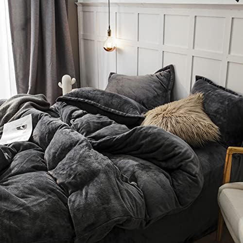 Omela 4 Teilig Warm Fleece Winter Bettwäsche 135x200 Dunkelgrau Cashmere Touch Plüsch Bettbezug mit