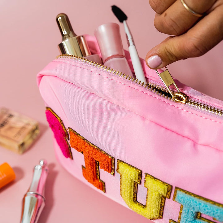 Fablinks Make-up-Tasche, Preppy mit Chenille-Buchstaben, Nylon mit Reissverschluss, für Hautpflege,