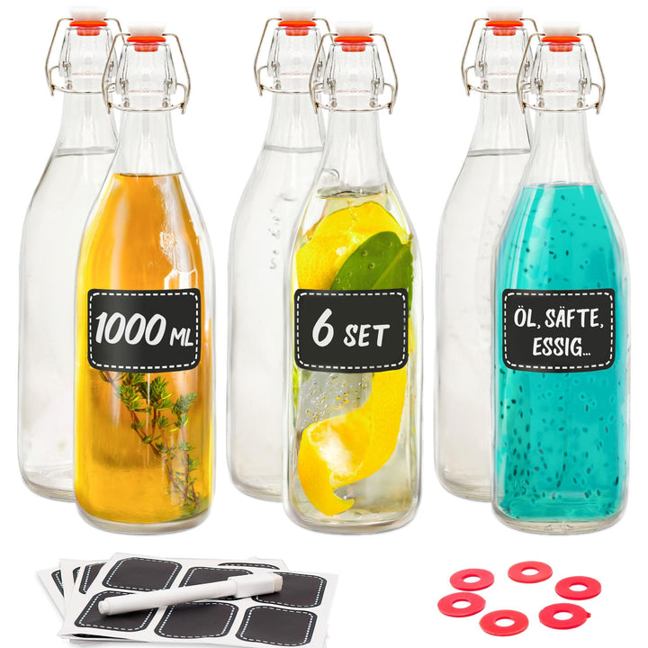 Praknu 6er Set Glasflaschen 1l mit Bügelverschluss - Bügelflaschen Zum Befüllen - inkl 6 Extra Dicht