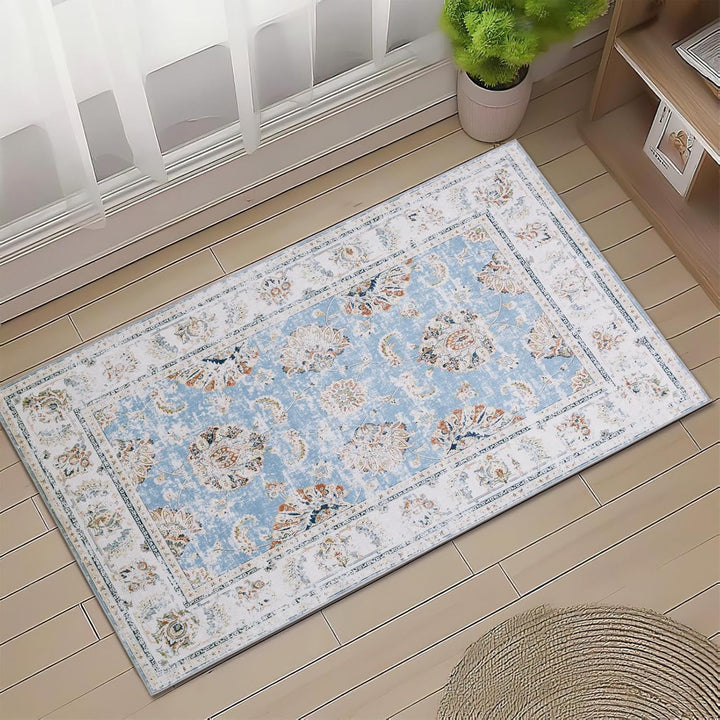 TOPICK Blau Teppich 90x150cm Wohnzimmer Waschbar Superdünne Vintage Blumen Kurzflor Lang Küche Schla