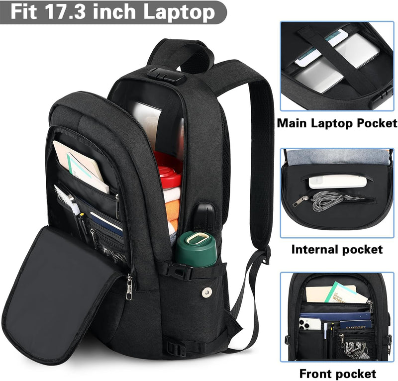 AMBOR Laptop Rucksack Herren, 17,3 Zoll Business Wasserdichter Rucksack Tasche mit USB Port&Schloss