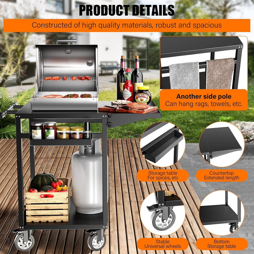 Grillwagen mit Rollen – Mobiler BBQ-Vorbereitungstisch, doppelte Ablagefläche, 360°-Lenkrollen, Trag