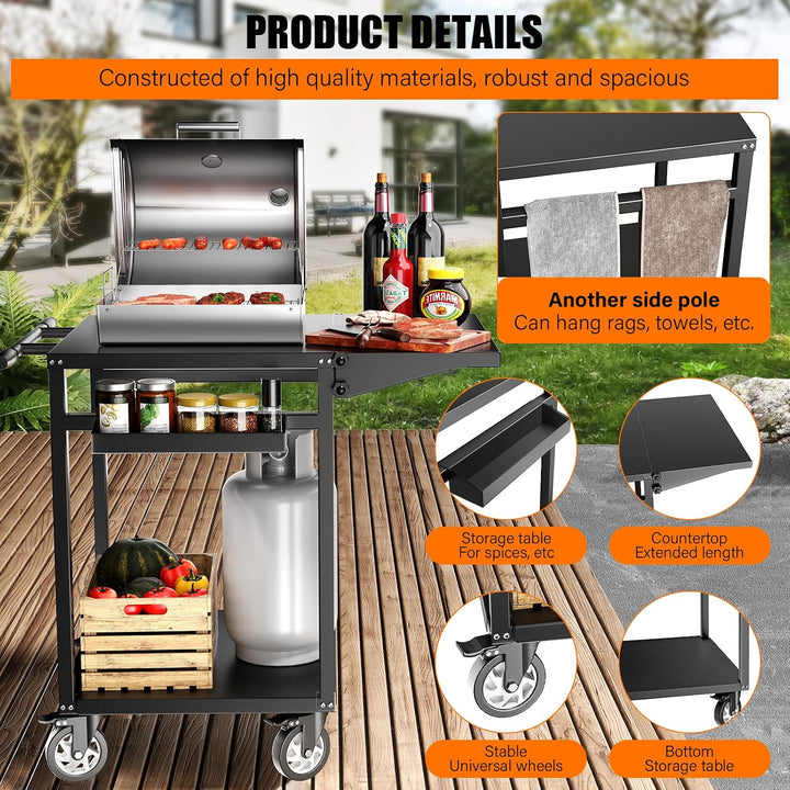 Grillwagen mit Rollen – Mobiler BBQ-Vorbereitungstisch, doppelte Ablagefläche, 360°-Lenkrollen, Trag