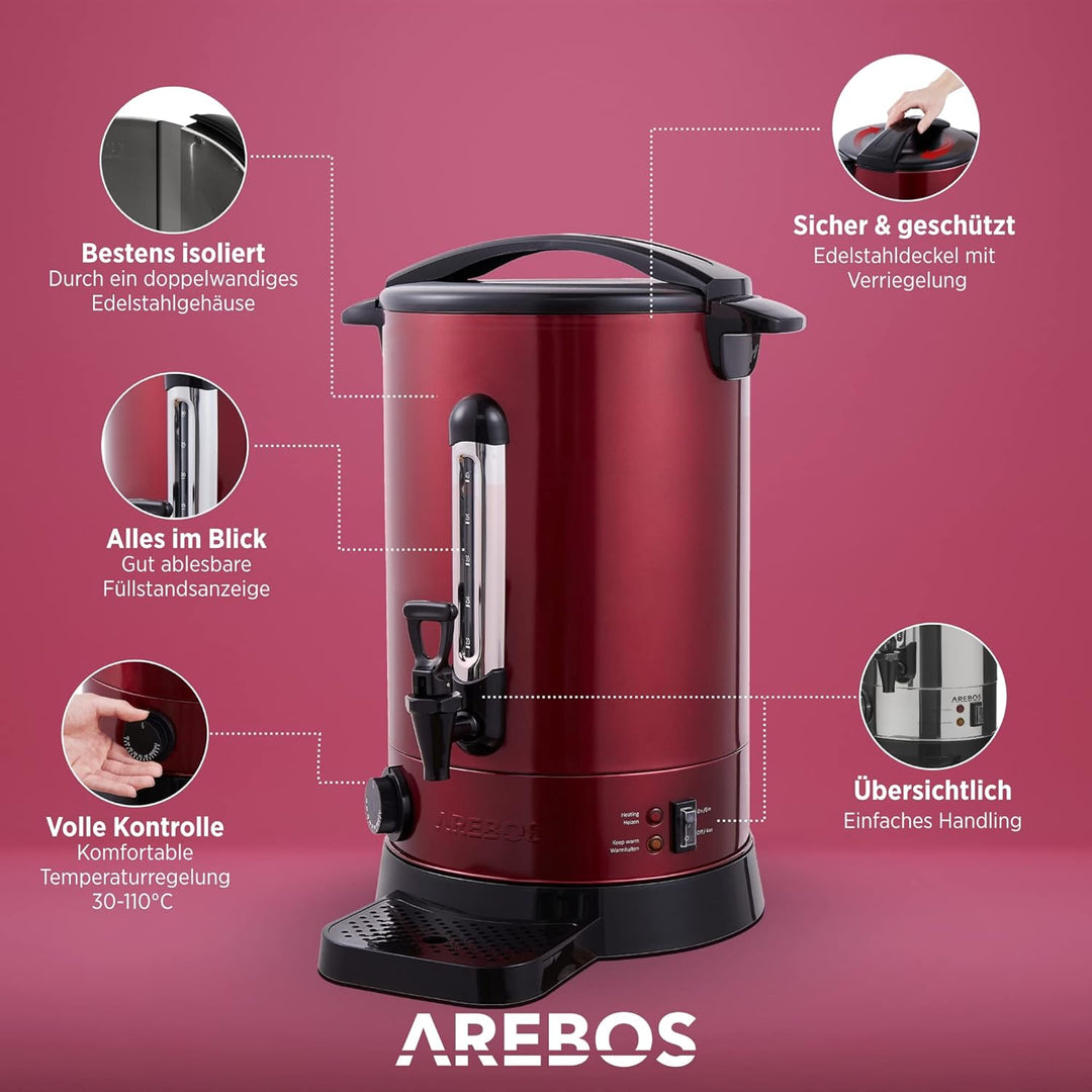 Arebos Glühweinkocher 950 W | Heissgetränkespender | 8,8 L | mit Auffangschale, Auslasshahn, Thermos