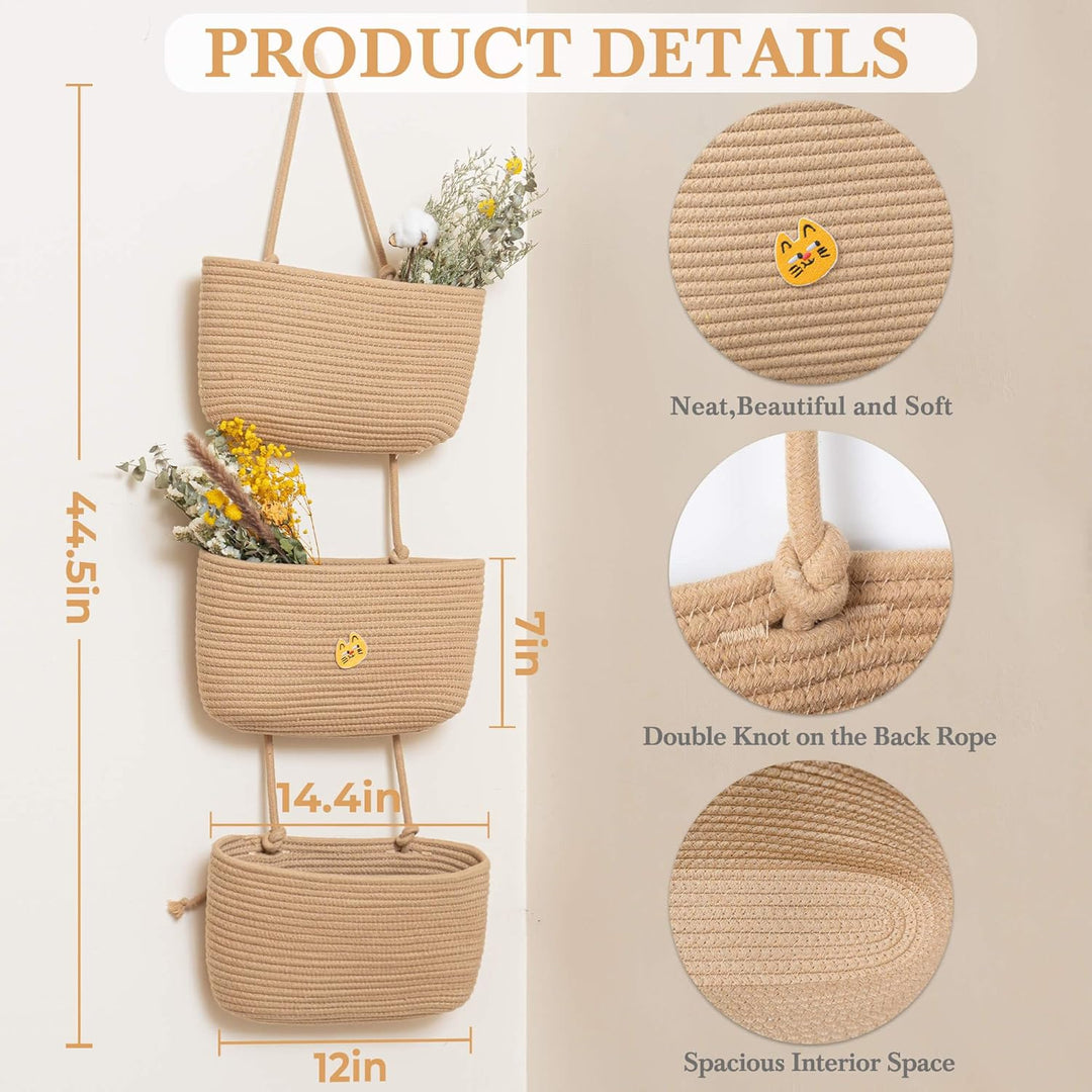 danpinera Aufbewahrungskörbe, 3-stöckige Baumwollseilkörbe mit Knopfriemen über der Tür, Wandorganiz