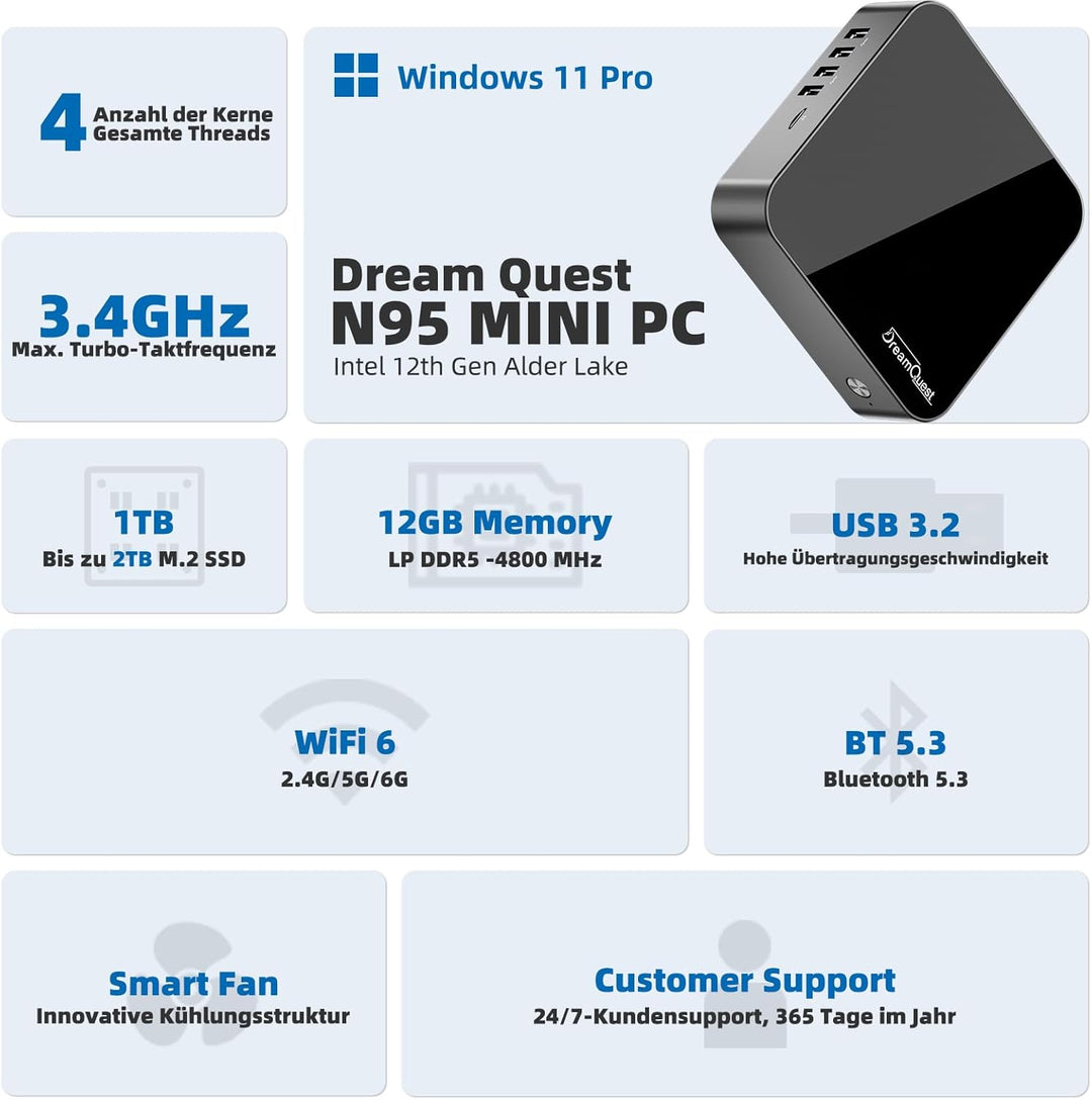 DreamQuest Mini PC Windows 11 Pro Intel 12.Gen N95 (bis zu 3,4 GHz) 12GB DDR5 RAM 1TB M.2 SSD Micro