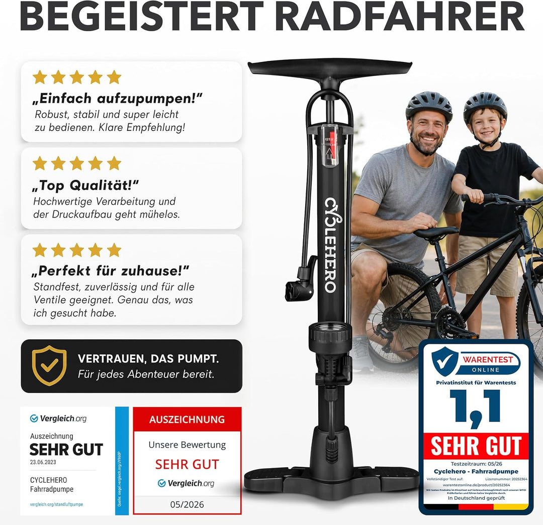 CYCLEHERO Fahrradpumpe für alle Ventile - Leistungsstarke Luftpumpe mit Manometer und 2 Jahren Garan