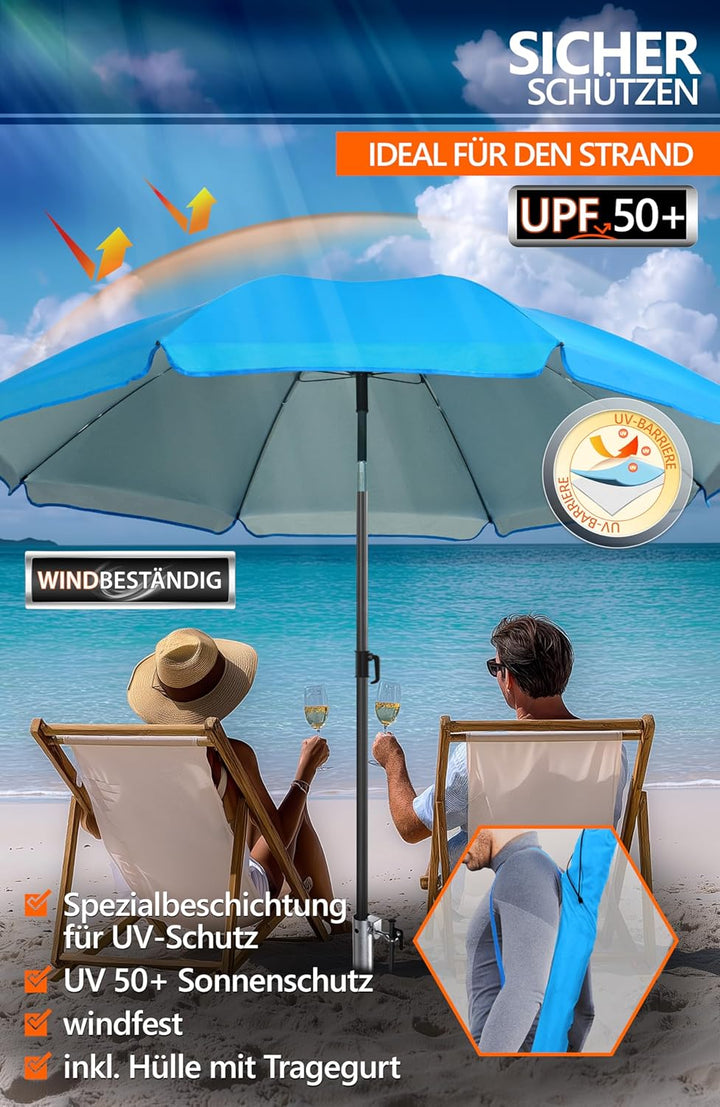 4smile Sonnenschirm Strand 3-IN-1-SET Ø 160 cm, Strandschirm Windfest Stabil mit Eindrehbodenhülse &