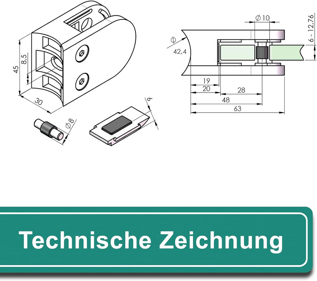 PRIOstahl Glashalter 4 Stück Glasklemme Klemmhalter Glashalter mit Sicherungsplatte + Sicherungsstif