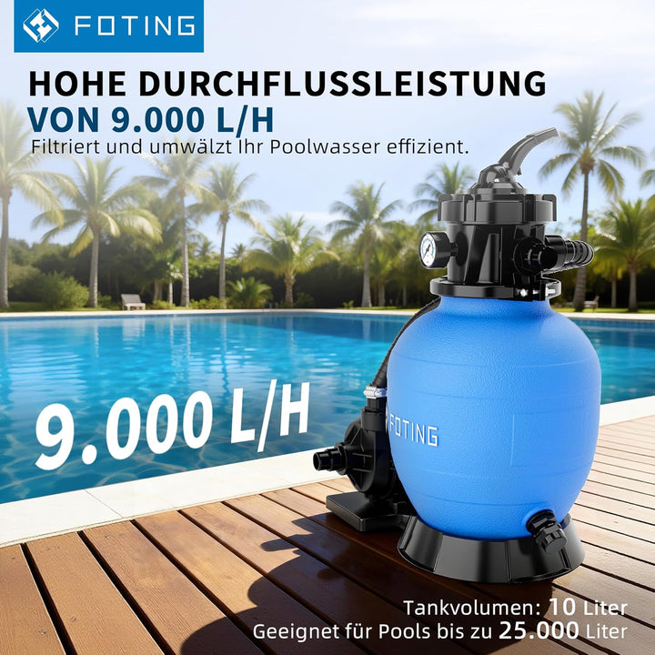 FOTING Poolpumpe 9.000 l/h, max. 7.5 m Förderhöhe, Schwimmbadpumpe für Swimmingpool & Pool Garten -