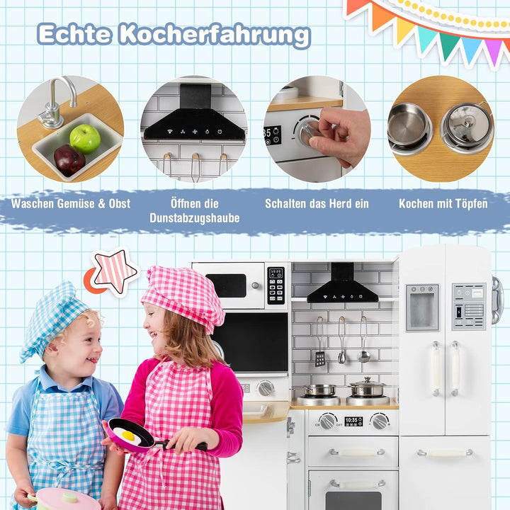 COSTWAY Kinderküche mit Zubehör, Eck Spielküche Holz inkl. Kühlschrank Wasserhahn Spüle Herd Telefon
