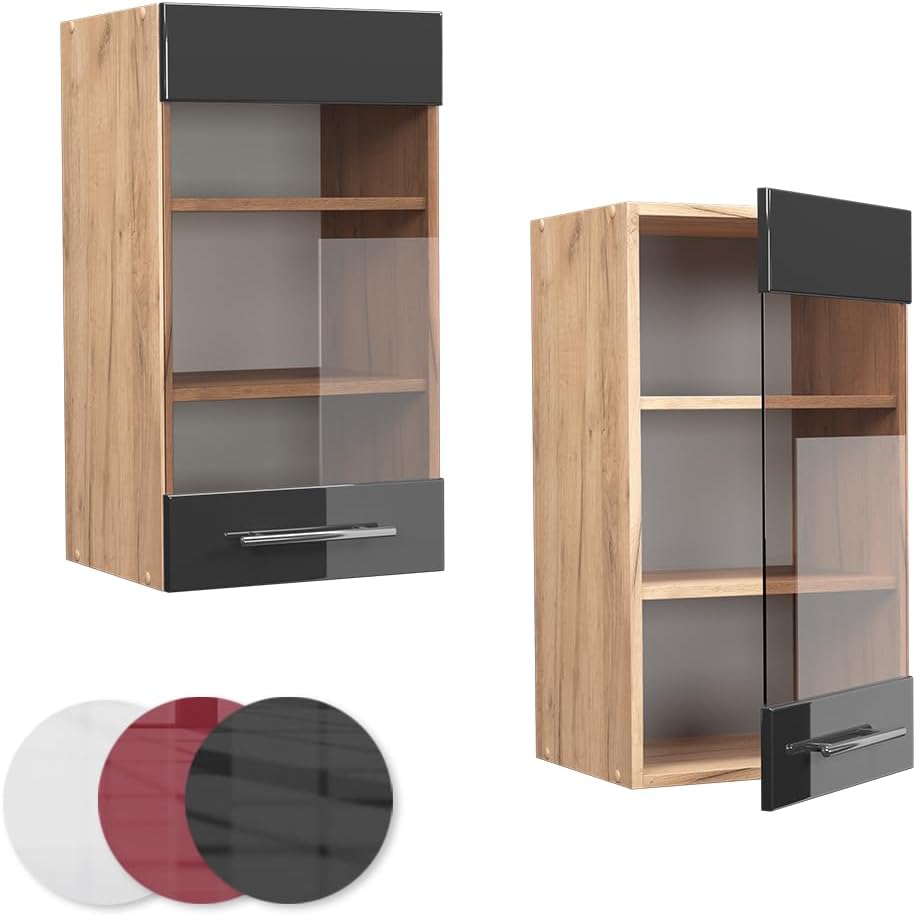 Vicco Küchenschrank Glas Fame-Line, Anthrazit Hochglanz/Goldkraft Eiche, 40 cm Hängeglasschrank 40 c