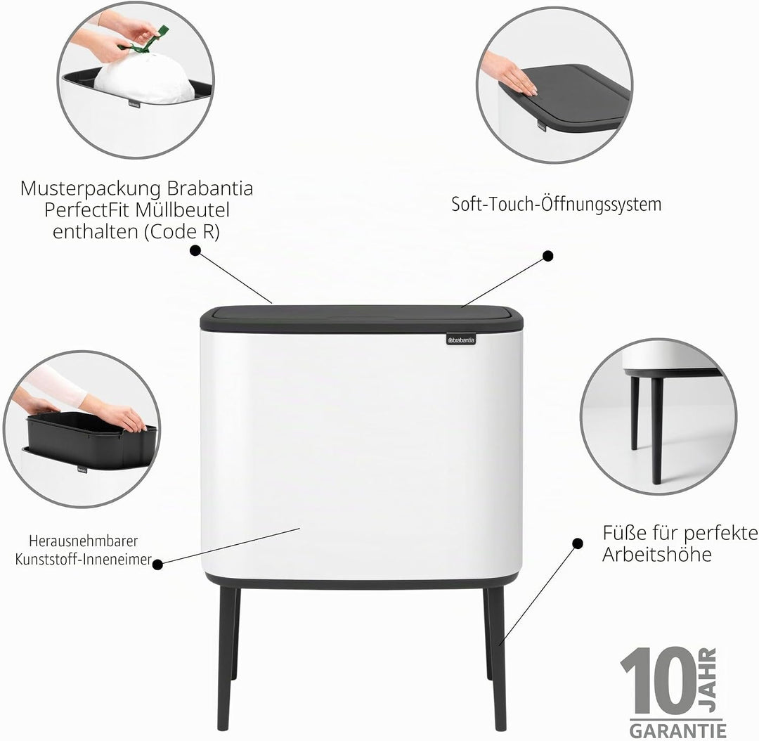 Brabantia Bo Touch Bin 36 L Abfalleimer, Metall, Weiss, 54 x 32 x 68 cm, 1 Einheiten 36 litres (9.5